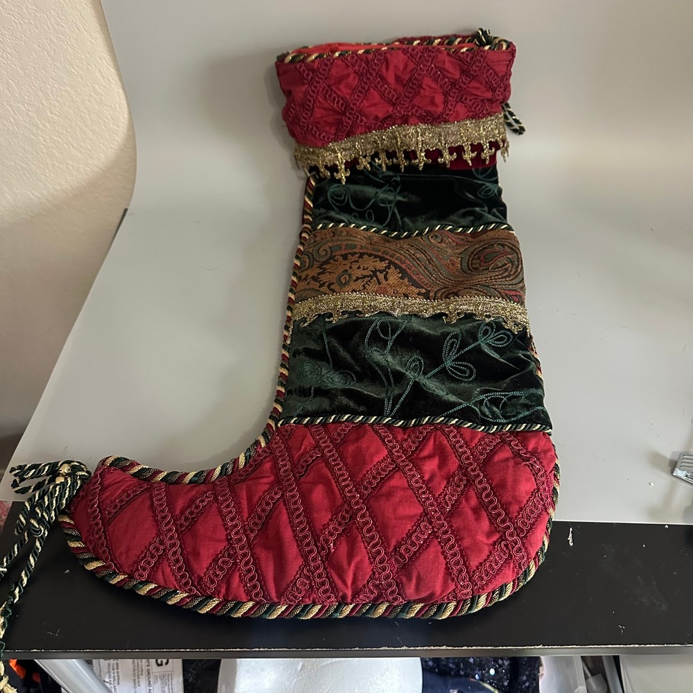 Chateau Luxury Patchwork Christmas Stocking Velvet Paisley Gold Fringe Bells
